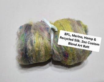 BFL, Merino, Hemp & Recycled Silk. 2oz Custom Blend Art Batt