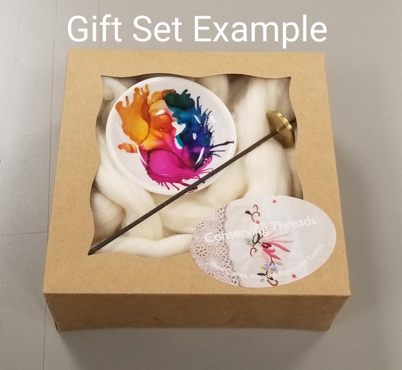 1 oz Natural Acala Cotton Sliver Hand-Painted Porcelain Support Bowl and Brass Thakli Spindle Cotton Spinning Gift Set