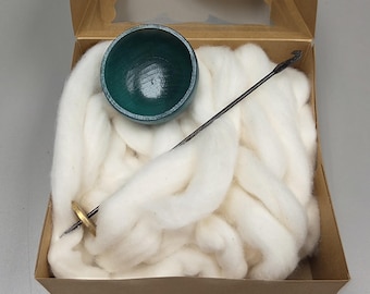 Spin Cotton Fiber Kit. Natural Upland Cotton Sliver. Hand-Painted Wood Support Bowl and Brass Tahkli Spindle. Teal