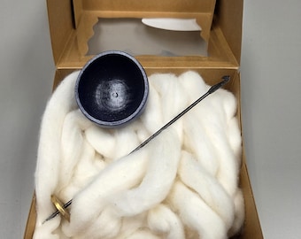 Spin Cotton Fiber Kit. Natural Upland Cotton Sliver. Hand-Painted Wood Support Bowl and Brass Tahkli Spindle. Dark Blue