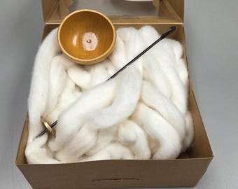 Spin Cotton Fiber Kit. Natural Upland Cotton Sliver. Hand-Painted Wood Support Bowl and Brass Tahkli Spindle. Yellow