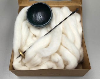 Spin Cotton Fiber Kit. Natural Upland Cotton Sliver. Hand-Painted Wood Support Bowl and Brass Tahkli Spindle. Dark Teal