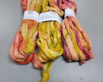 Cotton - 1 oz Pink, Yellow and Green Dyed Acala Cotton Sliver. Hand Dyed. Spin Dyed Cotton!!!