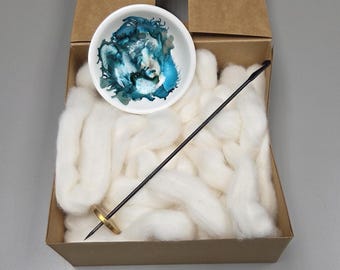 Cotton Fiber Kit. Natural Upland Cotton. Hand-Painted Porcelain Support Bowl and Brass Tahkli Spindle. (SK38)