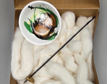 Cotton Fiber Kit. Natural Upland Cotton. Hand-Painted Porcelain Support Bowl and Brass Thakli Spindle. (Kit088)