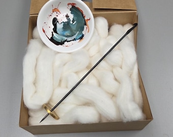 Cotton Fiber Kit. Natural Upland Cotton. Hand-Painted Porcelain Support Bowl and Brass Tahkli Spindle. (SK9)