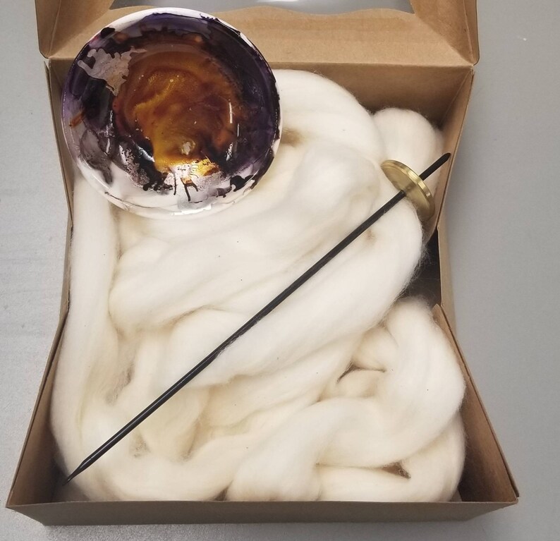 1 oz Natural Acala Cotton Sliver Hand-Painted Porcelain Support Bowl and Brass Thakli Spindle Cotton Spinning Gift Set