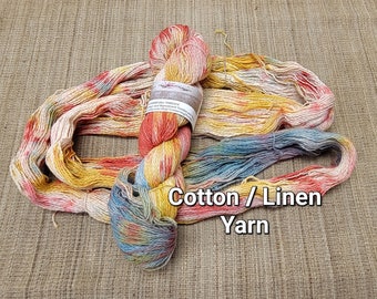 Dyed Cotton / Linen Blend Yarn. Red, Blue, Yellow and White. Fingering Weight. Great for knitting, crochet, and weaving. Assigned Pooling.