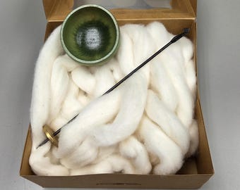 Spin Cotton Fiber Kit. Natural Upland Cotton Sliver. Hand-Painted Wood Support Bowl and Brass Tahkli Spindle. Light Green