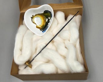 Cotton Fiber Kit. Natural Upland Cotton. Hand-Painted Porcelain Support Bowl and Brass Tahkli Spindle. (SK25)