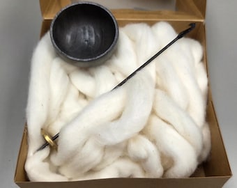 Spin Cotton Fiber Kit. Natural Upland Cotton Sliver. Hand-Painted Wood Support Bowl and Brass Tahkli Spindle. Gray