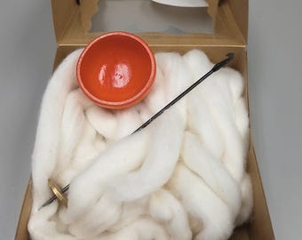 Spin Cotton Fiber Kit. Natural Upland Cotton Sliver. Hand-Painted Wood Support Bowl and Brass Tahkli Spindle. Orange