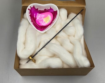 Cotton Fiber Kit. Natural Upland Cotton. Hand-Painted Porcelain Support Bowl and Brass Thakli Spindle. (SK91)