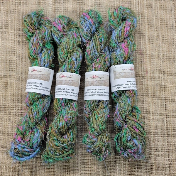 Linen, Reclaimed Yarn. Skein Bundle. Blue, Pink and Green. Hand-Spun Fibers Upcycled. Art Yarn.