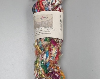 Rainbow Silk and Reclaimed Paper Yarn Skein. Approx. 15 Yards , Newspaper