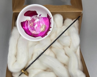 Cotton Fiber Kit. Natural Upland Cotton. Hand-Painted Porcelain Support Bowl and Brass Thakli Spindle. (Kit084)