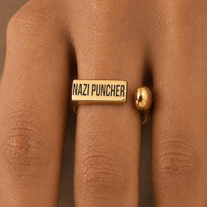 Nazi Puncher Engraved Adjustable Ring 18K Gold Plated Stainless Steel Protest Jewelry