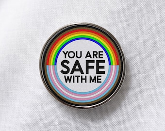 Safe With Me Lapel Pin: LGBTQ Ally, Inclusive Space, Teacher, Counselor, Nurse Pride