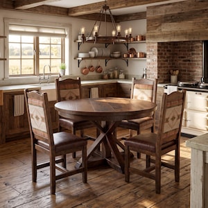 May include: A round wooden dining table with a cross-base design, accompanied by four matching chairs. Each chair features a dark brown leather seat and a backrest upholstered in a light-colored fabric with a geometric pattern and orange accents.
