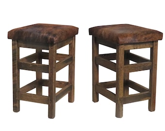 Set of 2 Barnwood Bar Stools, 24" Oak with Walnut Stain, Hair-on Hide Seat