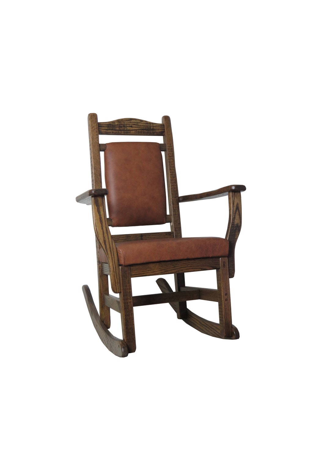 Solid Barnwood Amish Rocking Chair With Saddle Leather Upholstered Back