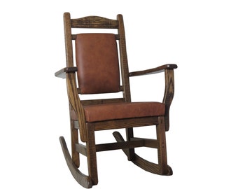 Solid Barnwood Amish Rocking Chair with Saddle Leather Upholstered Back & Seat -Multi choice Colors