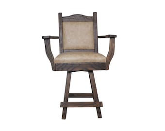 24" or 30" Barnwood Swivel Upholstered Bar stool with Top grain Leather Back & Seat