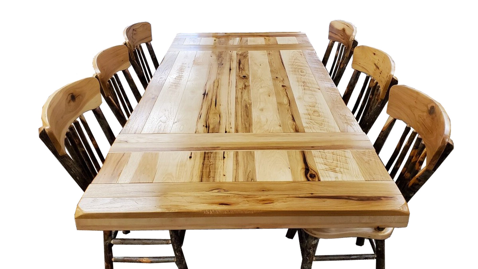 Rustic Hickory Farmhouse Extension Table and 6 Panel Back Chairs