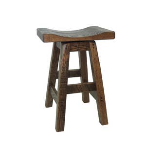 May include: A dark brown wooden bar stool with a curved seat and a simple, sturdy design.