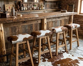 Taburete de bar con asiento de silla de montar de piel de vaca de 24 pulgadas.