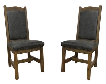 Set of 2 -High Back Modern Rustic Oak Upholstered Dining Chair