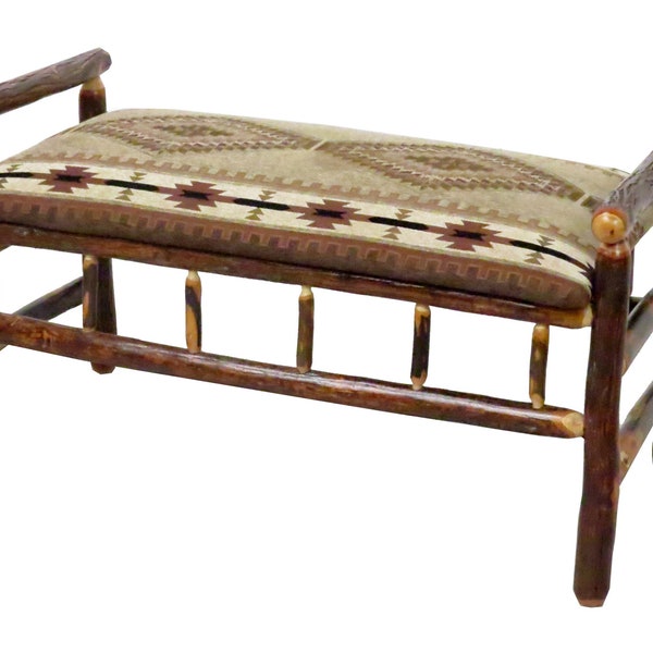 Rustic Hickory Bench upholstered with Multiple Fabric Options