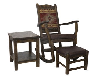 3 Piece Set - Modern Rustic Oak Rocking Chair with Side Table, Ottoman matches the Seat