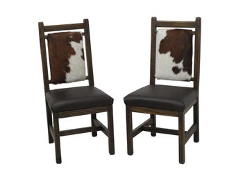 Set of 2 -Modern Rustic Upholstered Dining Chairs with Leather Seat and Hair on Hide Back