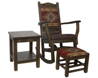 3 Piece Set - Modern Rustic Oak Rocking Chair with Side Table, Ottoman matches the Back