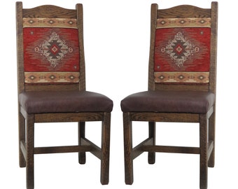 Set of 2 -Barnwood Upholstered Oak Dining Chair with Red Diamond Upholstered Seat and Back Southwest Style
