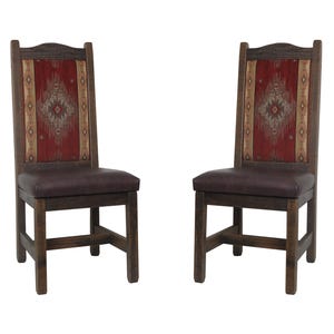 May include: Two wooden dining chairs with brown leather seats and red, beige, and brown patterned fabric backrests.