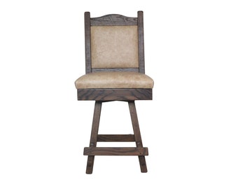 24" or 30" Modern Rustic Swivel Upholstered Bar stool with Enclosed Real Leather Seat & Back