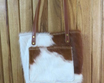 Western Hair on Hide Medium Tote Style Purse Bag Brown & White 2