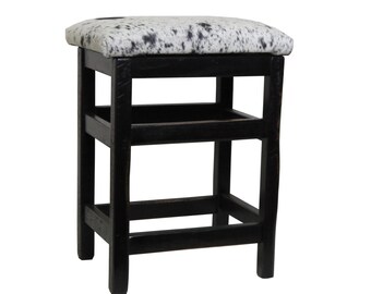 Set of 2 Barnwood Bar Stools, Hair on Hide Seat, Black Rub Finish