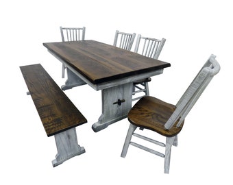 6 Piece Farmhouse Trestle Table Dining Set 2-Tone Finishes