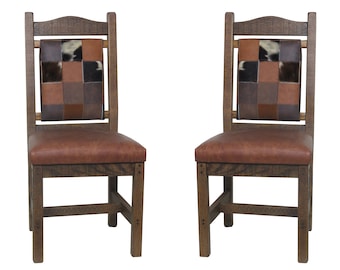 Set of 2 -Barnwood Upholstered Dining Chairs with Patchwork Leather Back and Seat -Multi Leather Seat Choices