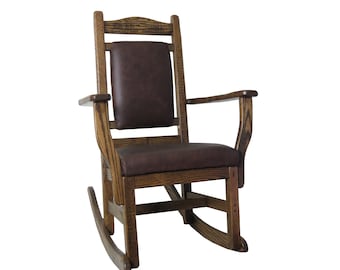 Solid Barnwood Amish Rocking Chair with Chocolate Leather Upholstered Back & Seat -Multi choice Colors