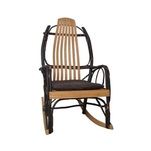 May include: A wooden rocking chair with a dark brown finish and a natural wood seat. The chair has a high back and curved arms. The seat is padded with a dark brown cushion.