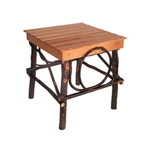 May include: A rustic wooden end table with a slatted top and a unique twig base. The table is made of natural wood and has a dark brown finish.