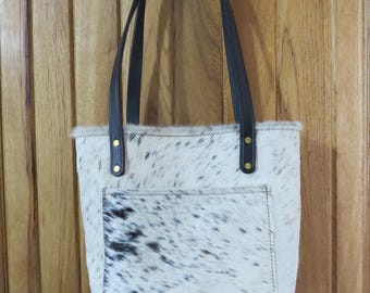 Western Hair on Hide Medium Tote Style Purse Bag Black & White Speckled