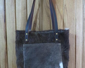 Western Hair on Hide Medium Tote Style Purse Bag Brown & White with Smooth Back