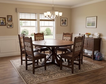 Rustic Round Pedestal Table Set - X-Base, large 60" Diameter,  7 Piece