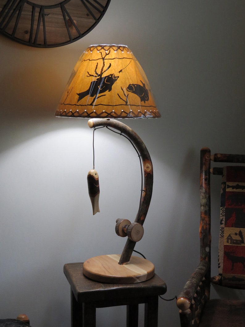 Fishing Pole Table Lamp Made From Bent Hickory Wood With Fish Etsy