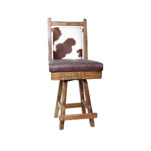 24&quot; or 30&quot; Barnwood Swivel Upholstered Bar stool Hair on Hide Back and Top grain Leather Seat